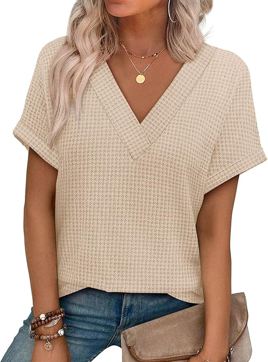 OFEEFAN Womens Short Sleeve Sweater Waffle Knit Tops V Neck Spring Summer T Shirts Casual Blouses... | Amazon (US)