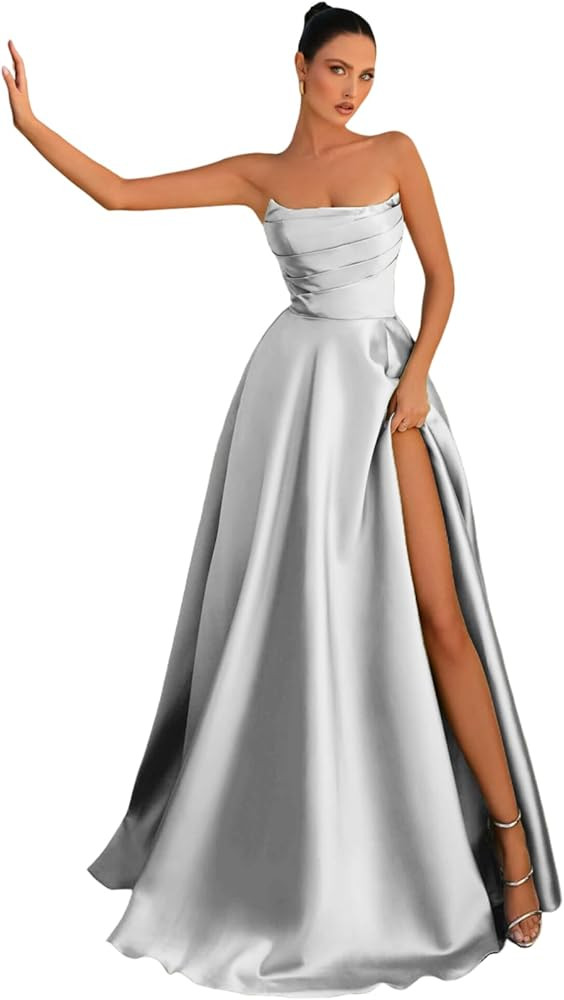 Women's Satin Prom Dresses 2025 Strapless A-line Formal Gowns High Slit Pleated Evening Gowns | Amazon (US)