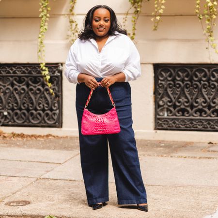 Classic and chic spring time outfit, plus size spring outfit, elevated workwear 

Trouser jeans from Eloquii - I sized down to a 16 for a slim fit
Boyfriend Button Down Shirt from Target- wearing an XXL for a looser fit to easily cross tuck 
Absolutely gorgeous Brahmin shoulder bag in Pink Paradise color to give this look a little added detail 

#LTKstyletip #LTKplussize #LTKworkwear