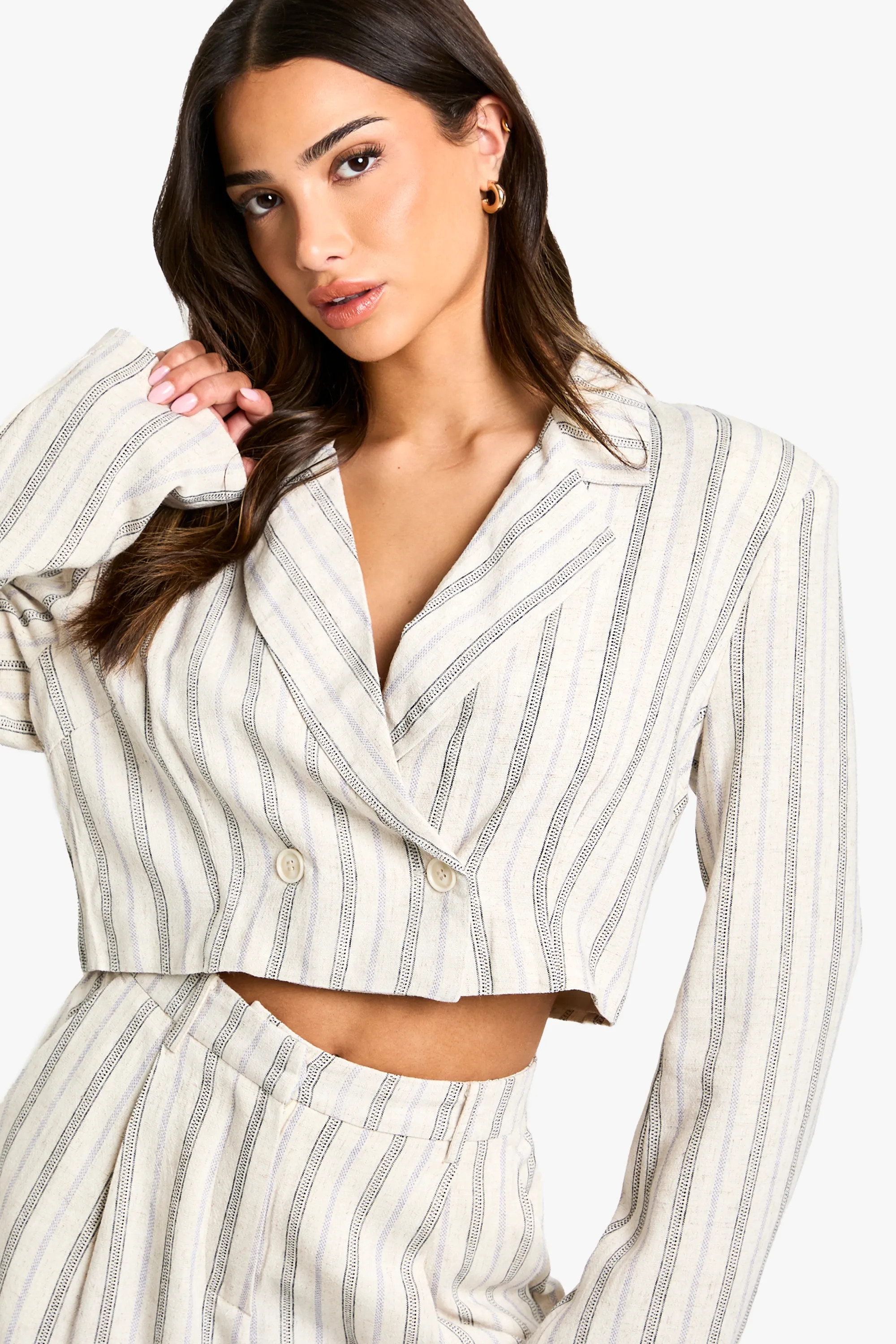 Ivory Petite Stripe Linen Look Cropped Blazer | Boohoo USA | boohoo (US & Canada)