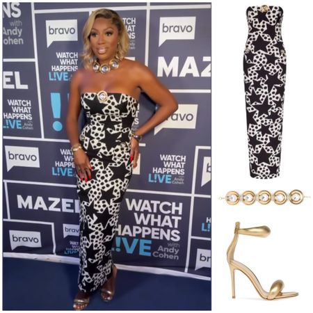 Wendy Osefo’s Strapless Star Print Dress, Gold Ankle Strap Sandals and Gold Choker Necklace on Watch What Happens Live 📸 = @bravowwhl