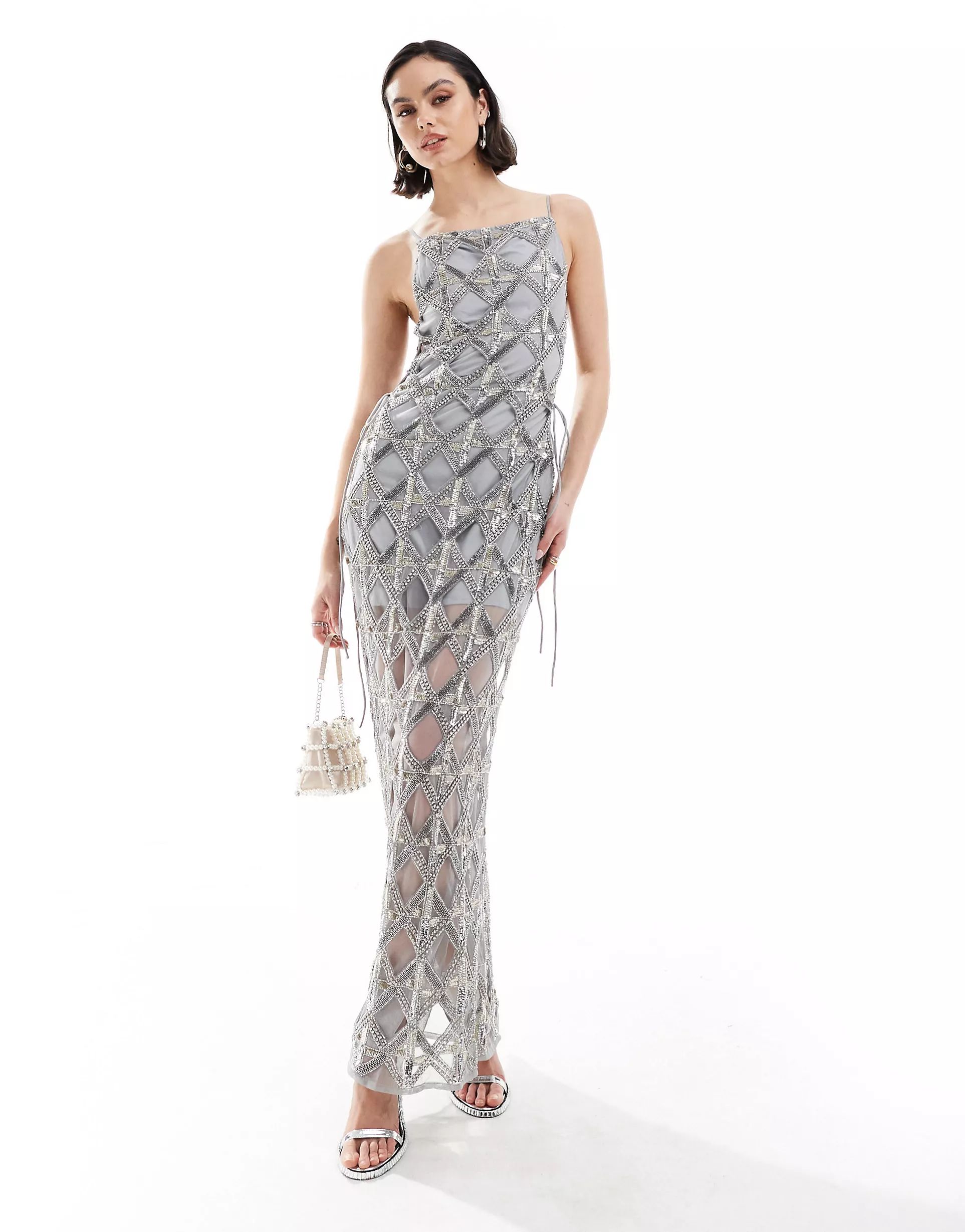 ASOS DESIGN embellished sheer maxi dress with diamante detail in grey | ASOS (Global)