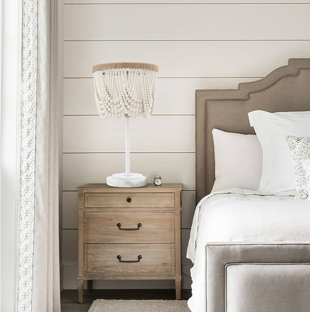 VILUXY Bohemia Wood Beaded Table Lamp Antique Rustic Bedside Nightstand Lamp White Finishing for ... | Amazon (US)