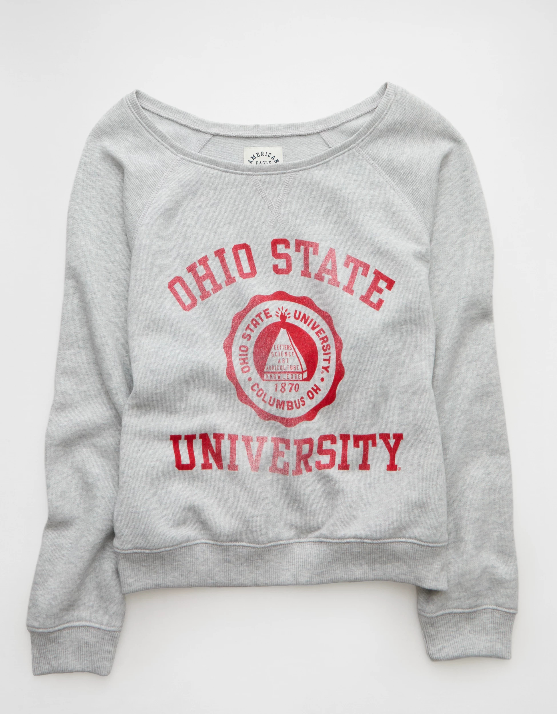AE Ohio State Buckeyes Graphic Off The Shoulder Sweatshirt | American Eagle Outfitters (US & CA)