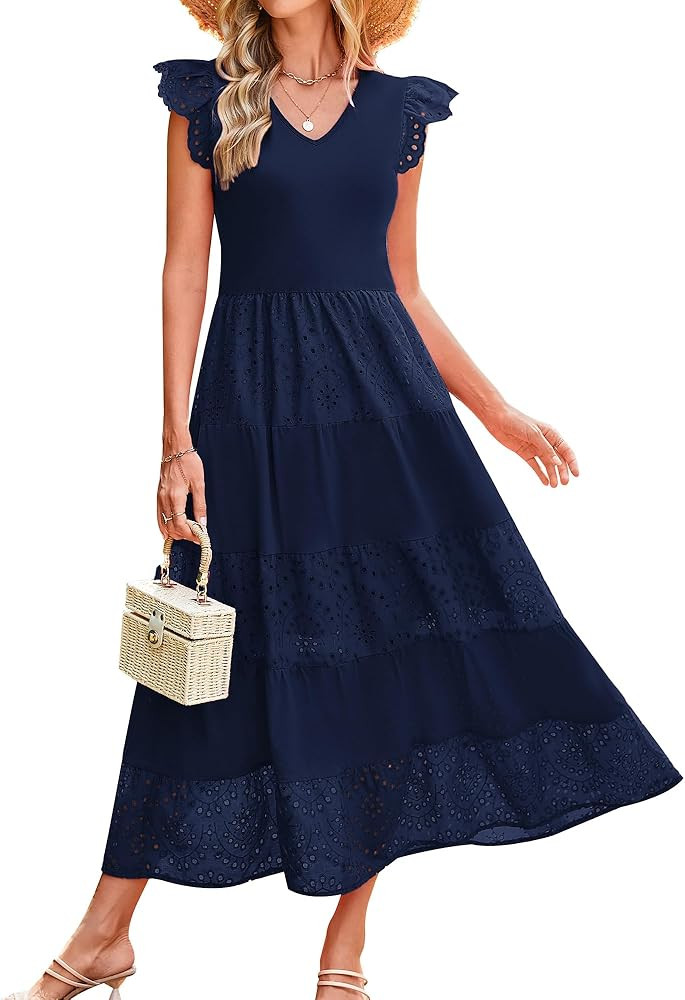 GRACE KARIN Women Summer Maxi Dresses Casual V Neck Ruffle Sleeve Lace Eyelet Tiered A Line Flowy... | Amazon (US)