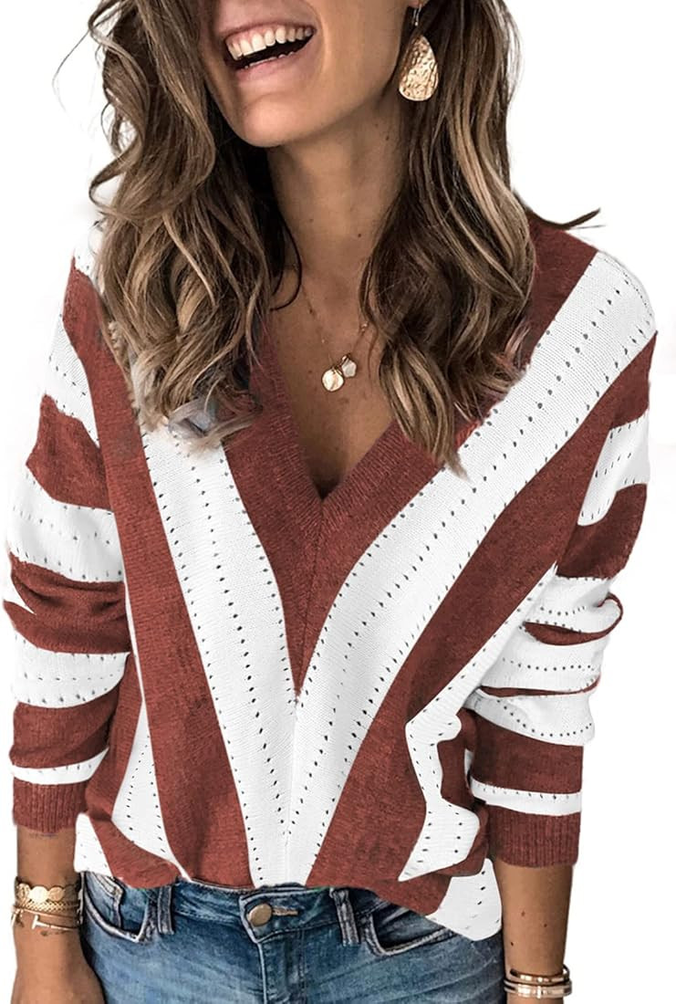 Elapsy Womens Color Block Striped V Neck Sweater Long Sleeve Pullover Knitted Sweater S-2XL | Amazon (US)