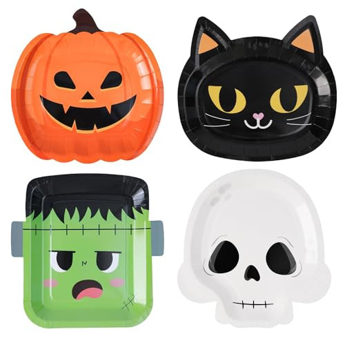 HOMIX Halloween Paper Plates, Disposable Dinner Plates 48 Count Shaped in Pumpkin Skeleton Cat and Frankenstein for Halloween Party Supplies | Amazon (US)