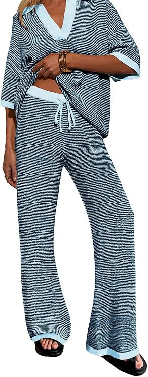 Womens 2 Piece Outfits Set Oversized 3/4 Sleeve V Neck Knit Tops Drawstring High Waisted Pants Lo... | Amazon (US)