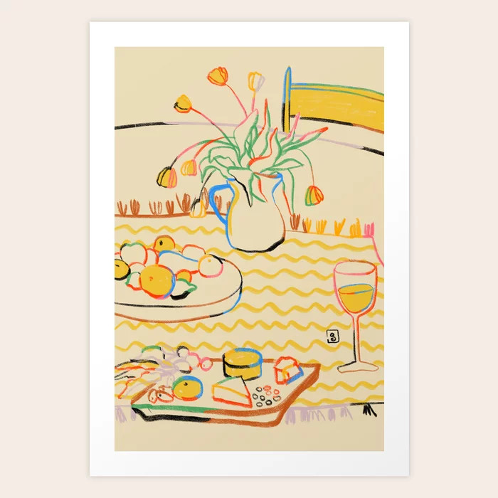 YELLOW TULIPS, WINE AND CHEESE Art Print | Society6