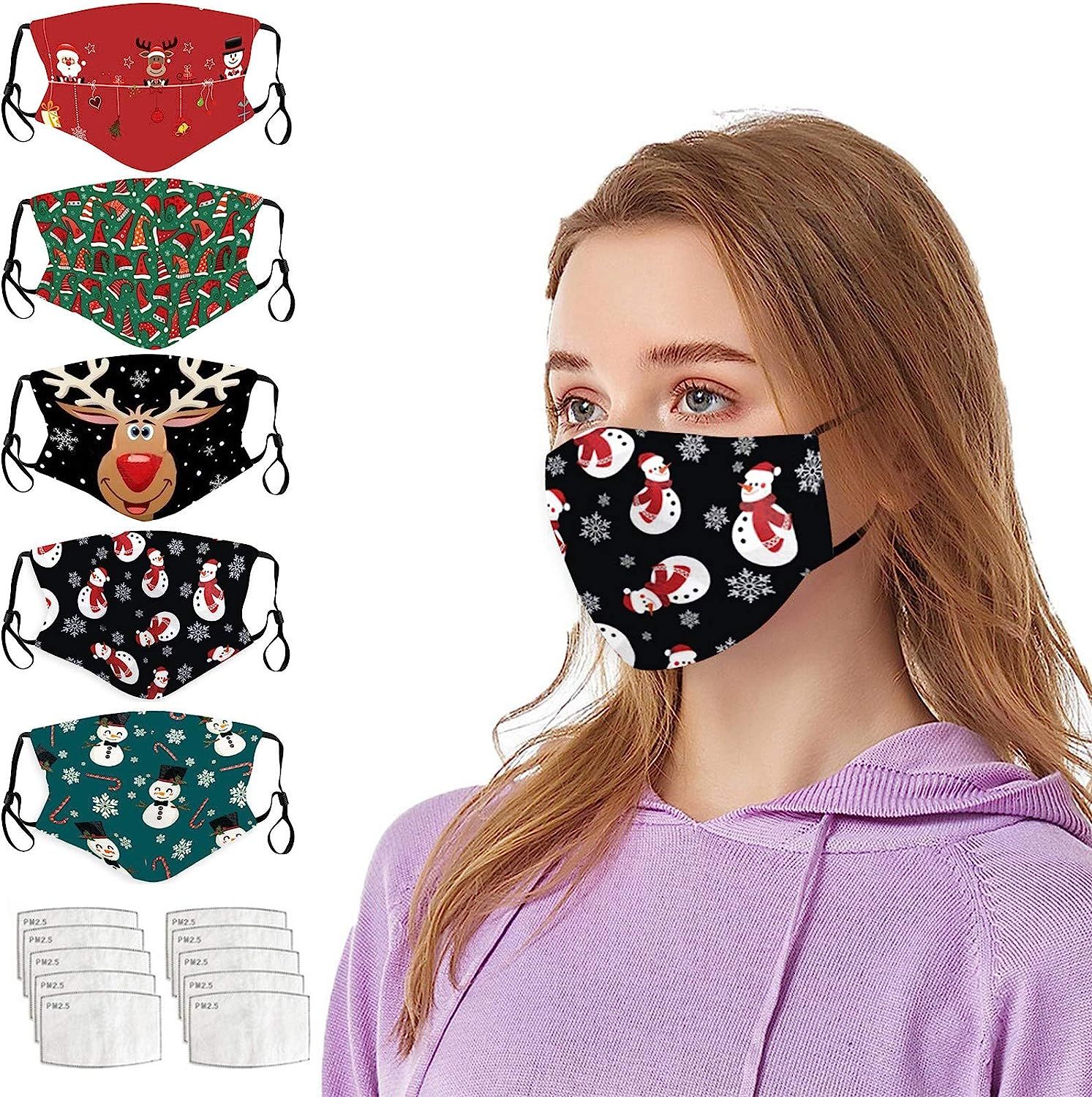 5PC Christmas Print Face_Mask,Breathable Reusable Washable Mouth Protection for Women Men (5PCS+1... | Amazon (US)