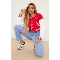 PRETTYLITTLETHING Red Varsity Slogan Faux Leather Sleeve Bomber | PrettyLittleThing IE
