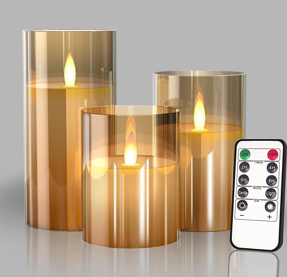 Glass Battery Operated LED Flameless Candles with Remote and Timer, Real Wax Candles Warm Color F... | Amazon (US)