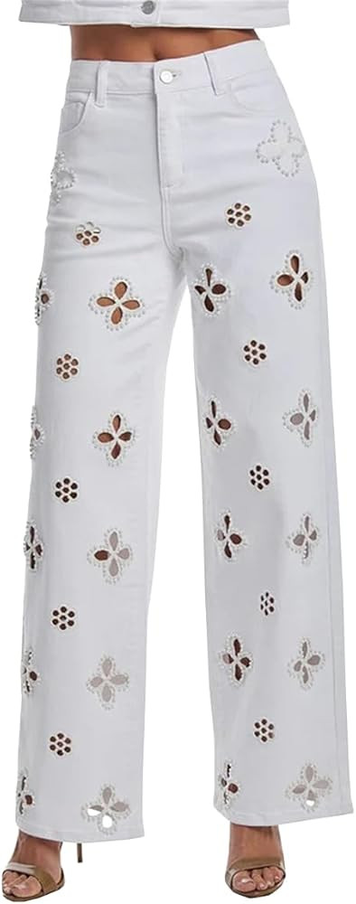 Women's High Waisted Wide Leg Jeans Trendy Stretch Pearl Floral Openwork Embellished Denim Pants | Amazon (US)