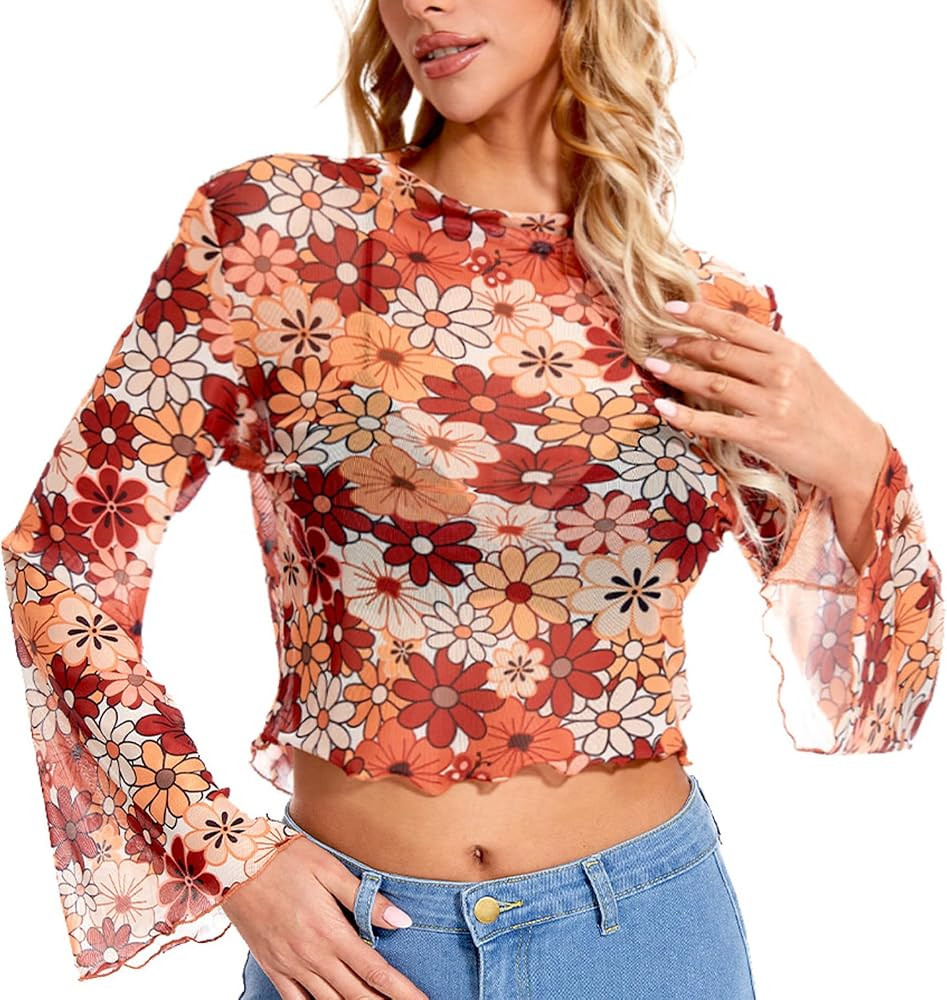 Floral Mesh Bell Sleeve Top of 70 s Tops for Women 70s Shirt Women Boho Disco Groovy Outift Dress... | Amazon (US)