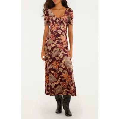 FARM Rio Delhi Floral Stretch Velvet Midi Dress in Delhi Floral Burgund at Nordstrom, Size Xx-Small | Nordstrom