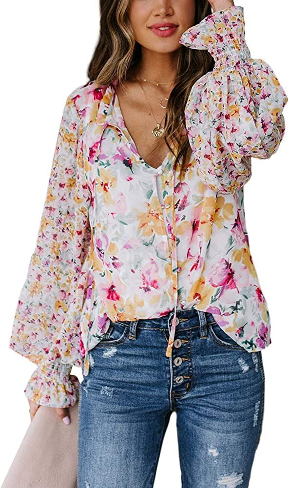 Biucly Women's Casual Boho Floral Print V Neck Long Sleeve Drawstring Tops Loose Blouses Button D... | Amazon (US)