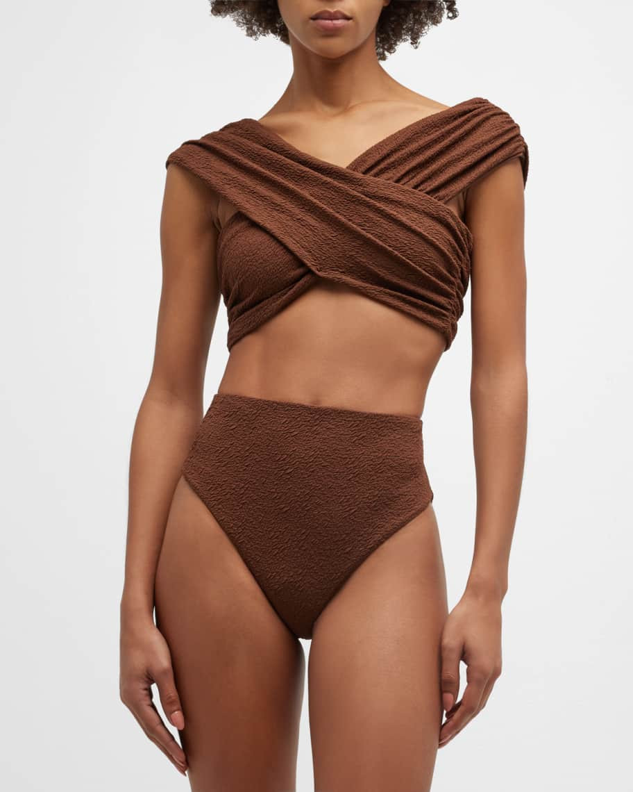 Mara Hoffman Lorina Crossover Crinkled Jacquard Bikini Top | Neiman Marcus