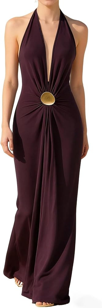 OYOANGLE Women's Deep V Neck Sleeveless Halter Maxi Dress Summer Backless Party Beach Vacation We... | Amazon (US)