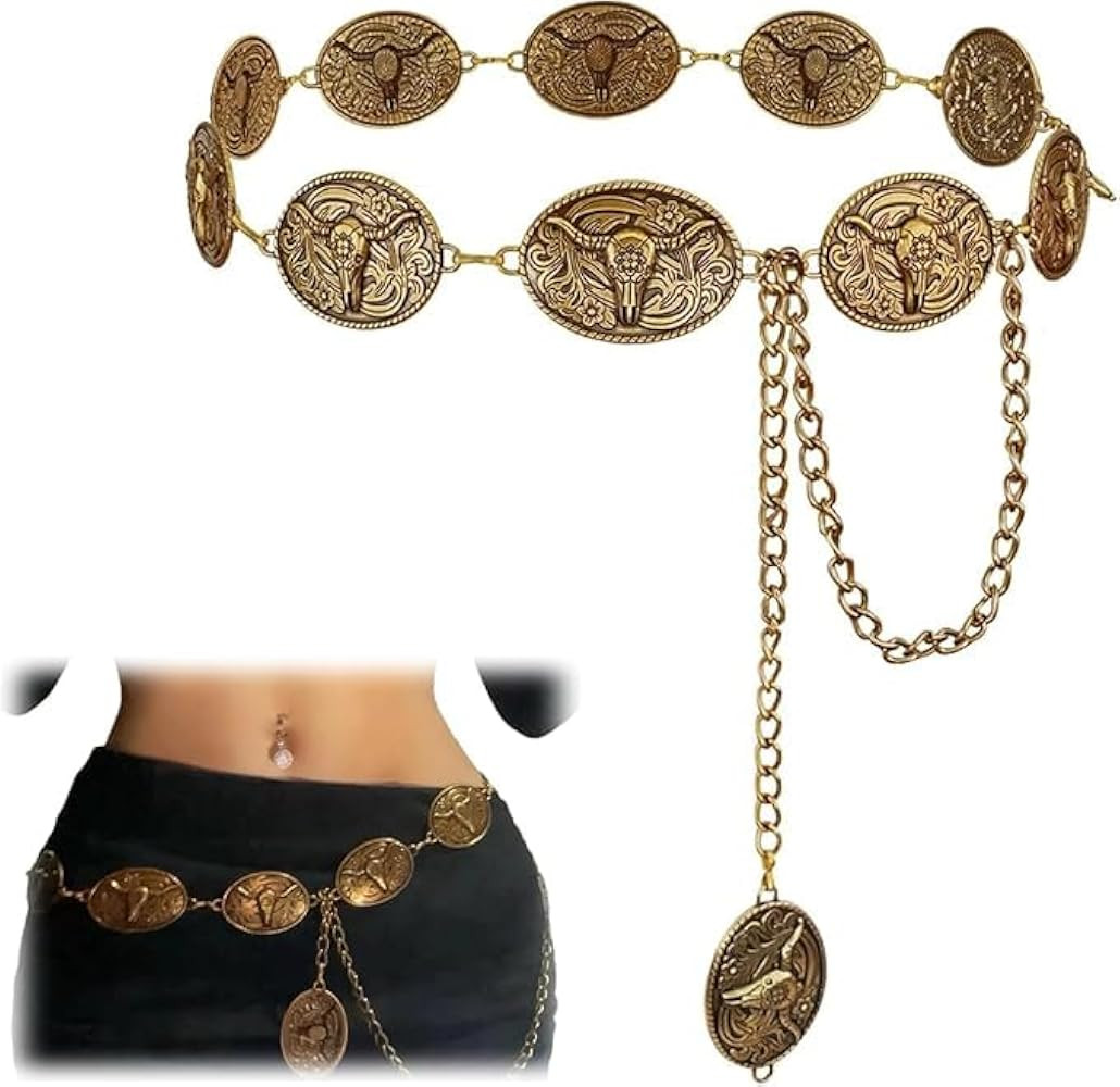 Western Metal Concho Belt for Women Cowgirl Chain Belts for Dresses Jeans Country Concert Outfit ... | Amazon (US)