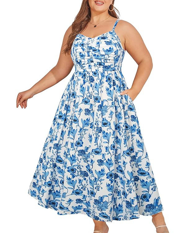 Hanna Nikole Women‘s Plus Size Casual Spaghetti Straps Bohemian Maxi Dress V Neck Flowy Dress w... | Amazon (US)