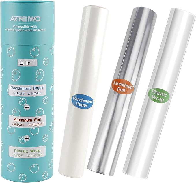 ArteiWo Plastic Wrap Roll 196 Sq Ft, Tin/Aluminum Foil Roll 164 Sq Ft, Baking/Parchment Paper Rol... | Amazon (US)