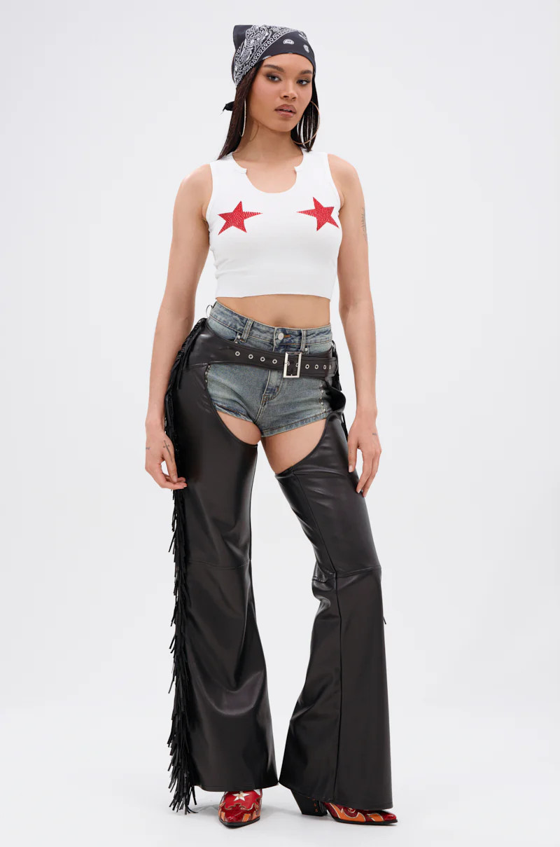 RODEO FRINGE FAUX LEATHER CHAPS | AKIRA
