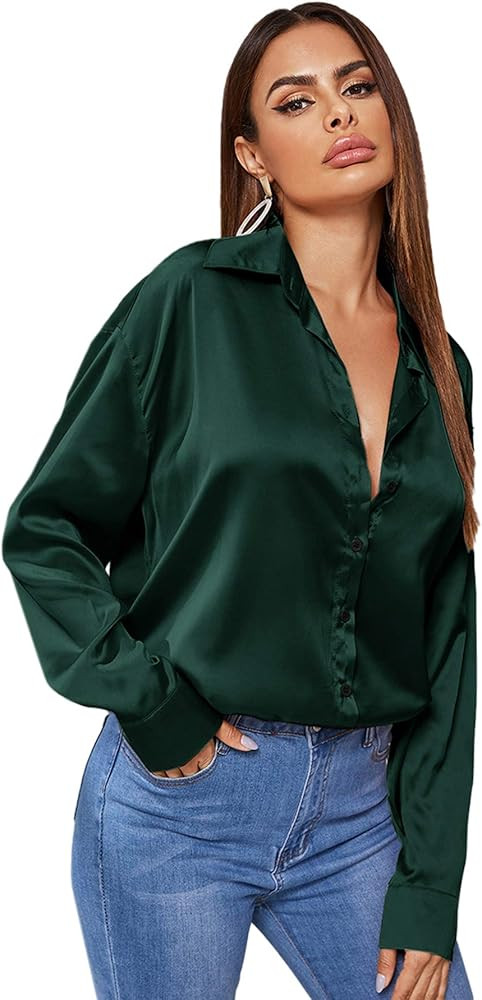 MakeMeChic Women's Satin Silk Long Sleeve Blouse Button Down Shirt Casual Top | Amazon (US)