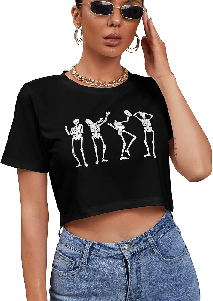 Women's Halloween Funny Skeleton Skull Hand Print Crop Top Tee Short Sleeve Casual T-Shirt | Amazon (US)