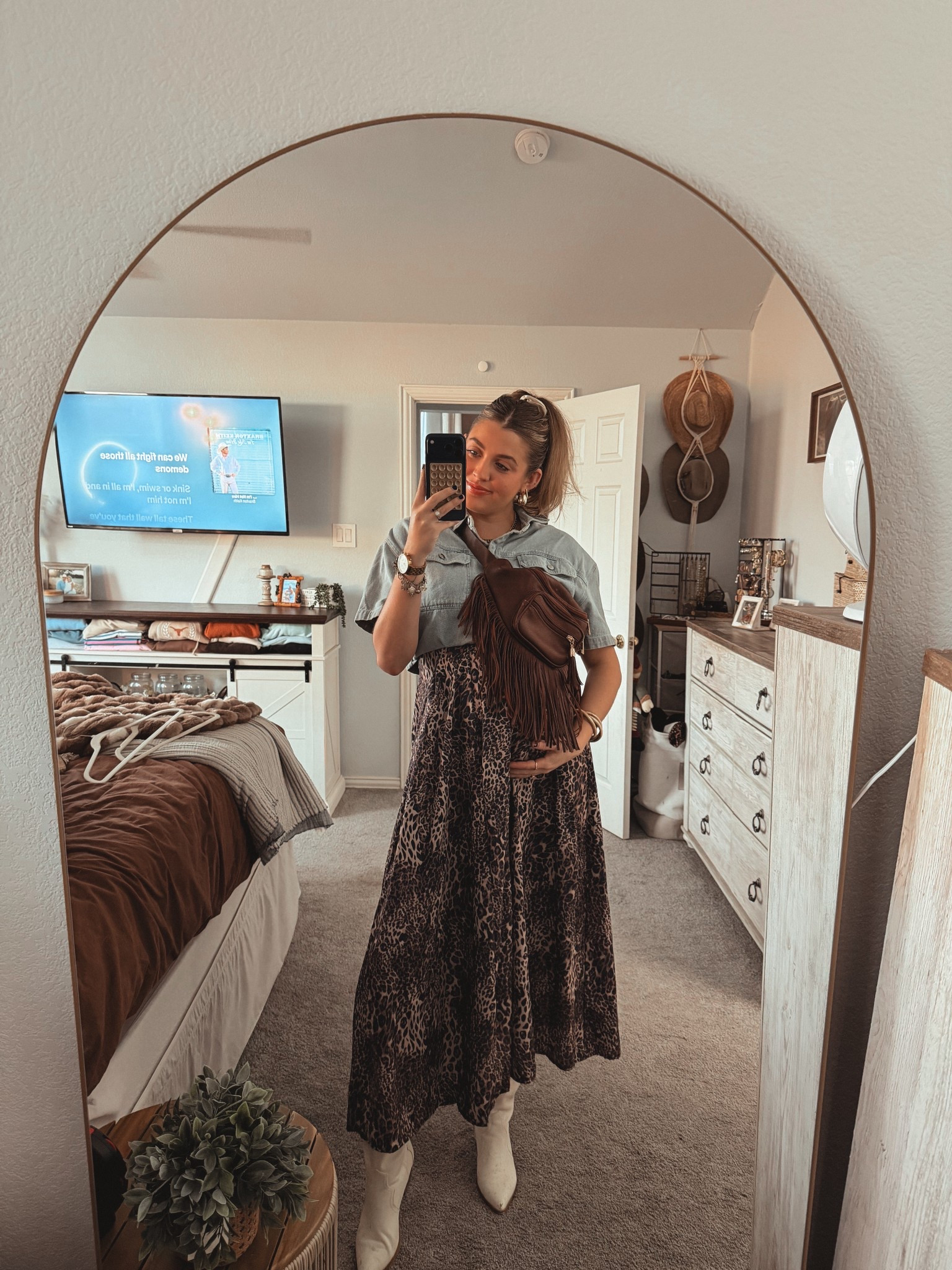 Cheetah print dress. Comfy dress. Maxi dress. Denim vest. Cowboy boots. Western look  

#LTKTall #LTKSeasonal #LTKBump