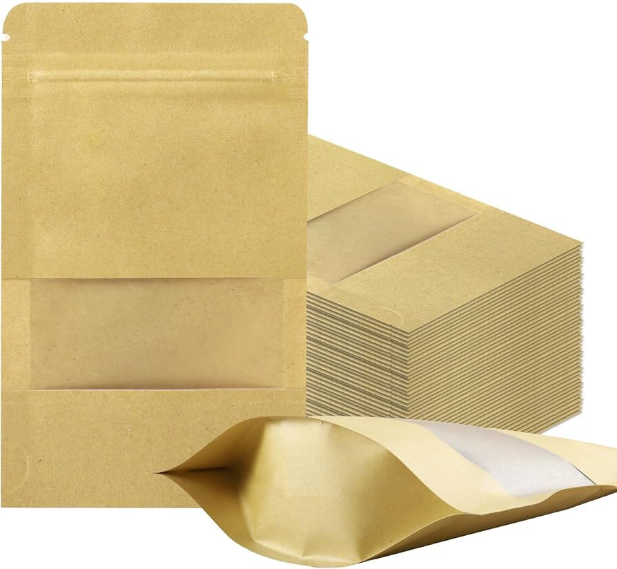 100 PCS Resealable Bags, Stand Up Kraft Paper Bags with Matte Window, Zipper Lock Food Storage Ba... | Amazon (US)