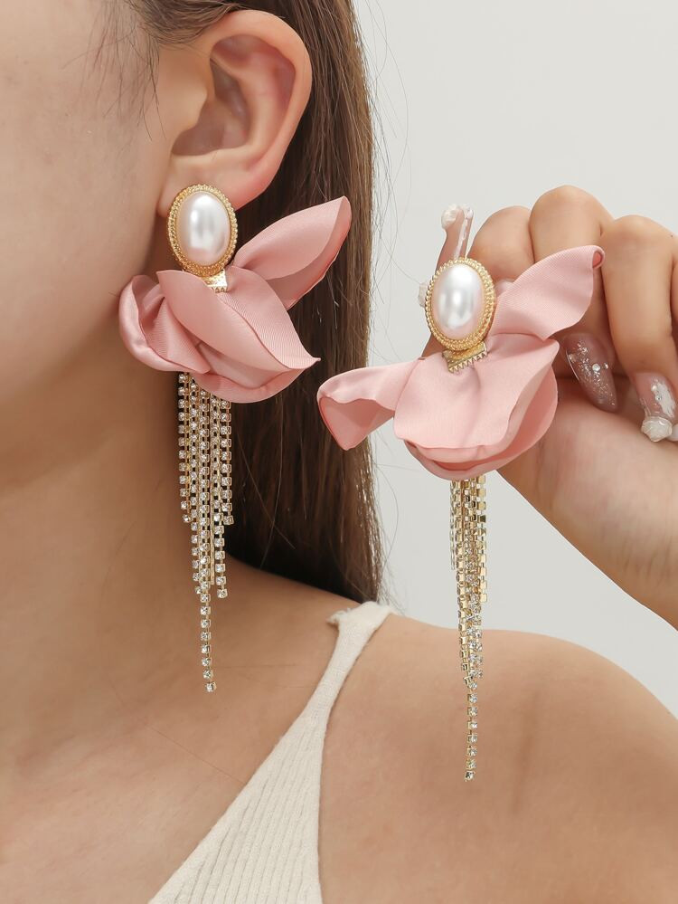 Fabric Flower Decor Rhinestone Tassel Drop Earrings | SHEIN