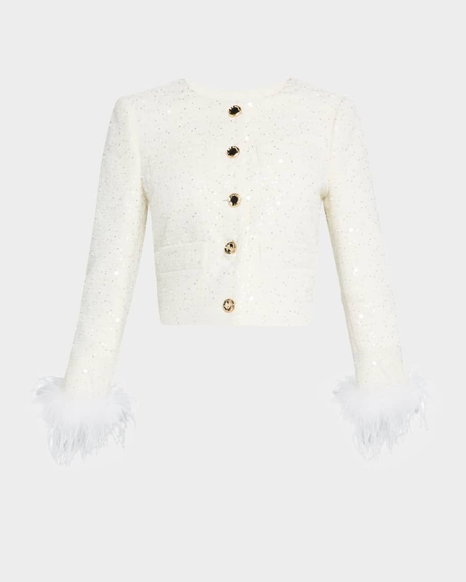 Milly Aya Beaded Feather-Cuff Tweed Jacket | Neiman Marcus