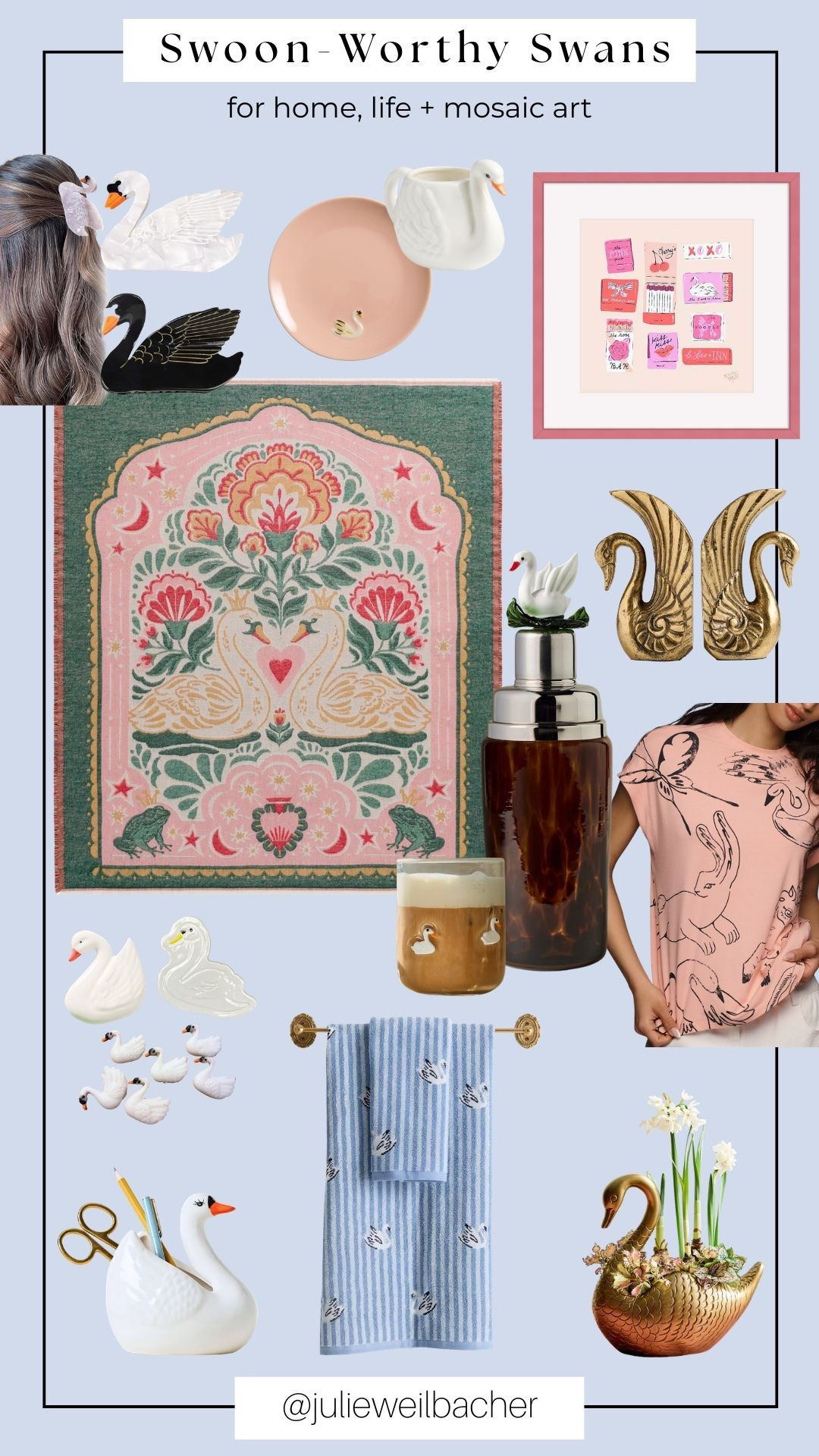 Swans are quietly having a moment…and honestly, I’m here for it. 🦢✨

This collection features swan-inspired finds for home decor, lifestyle, and creative projects...from charming drinkware and a cozy throw to playful accessories and decorative pieces that bring a little personality to your space.

But if you’re a mosaic or mixed media artist, you might also see these through a different lens. Many of these pieces can double as unexpected art materials for creative projects, adding unique shapes, textures, and personality to mosaic work. And of course I had to include a few swan tiles too!

Whether you’re decorating for spring, refreshing your space with something whimsical, or gathering inspiration for your next creative project, swans bring a little elegance, a little fun, and just enough unexpected charm.

For mosaic tips, tutorials, inspiration, and so much more please visit my YouTube channel: YouTube.com/julieweilbacher, and follow @julieweilbacher on Instagram.

#springdecor #swan #homedecorinspo #whimsicalhome #swanhomedecor #giftideasforher #springstyle #worldmarket #anthropologie #mosaic #mixedmediaart

#LTKSeasonal #LTKHome #LTKU