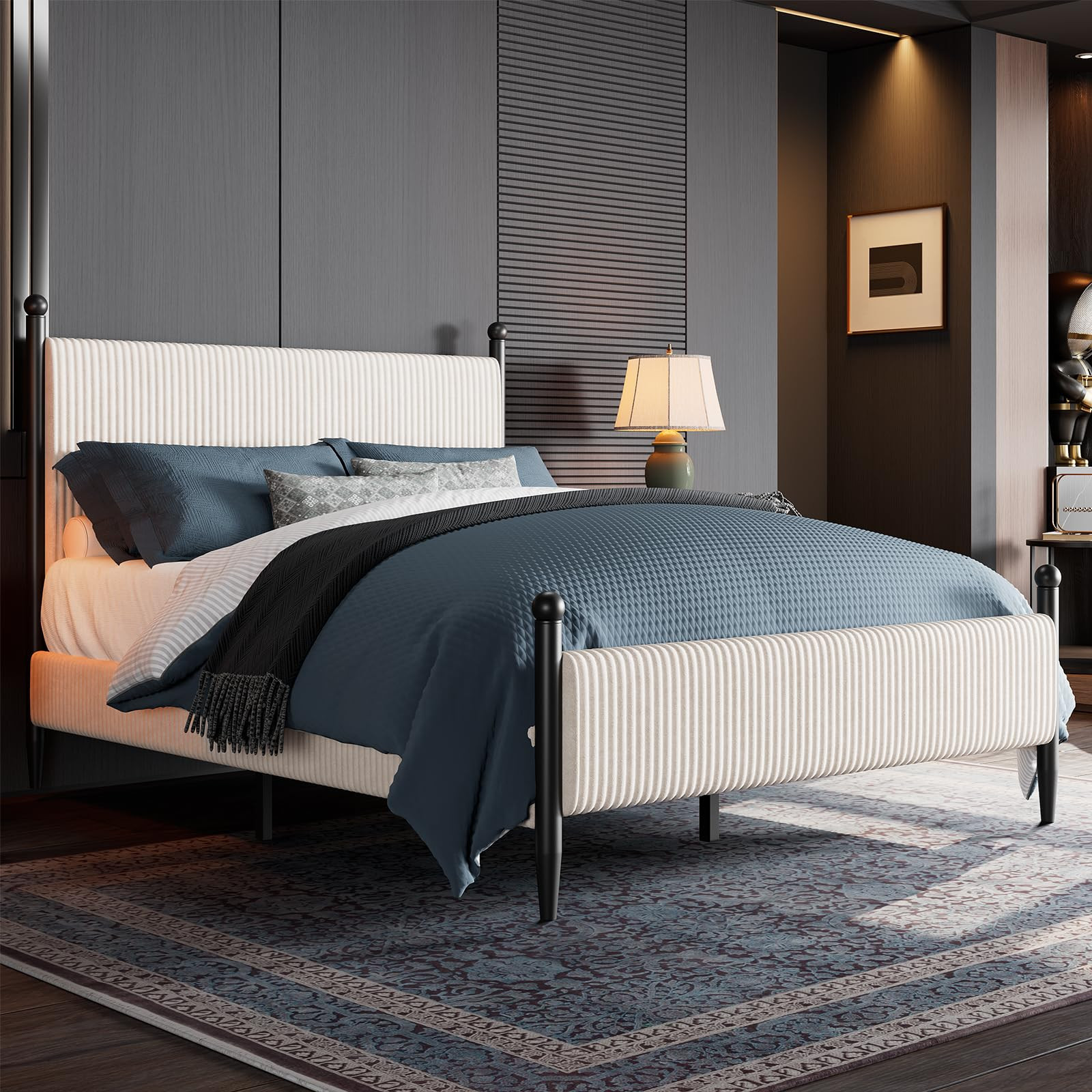 Aoile Queen Size White Upholstered Bed Frame - Soft Corduroy Platform with Padded Headboard - Wooden Slat Support / No Box Spring Needed / | Lowe's