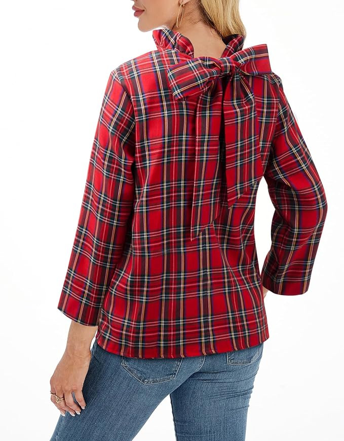 Kedera Women's Ruffle Mock Neck Blouses Top 3/4 Sleeves Elegant Shirt Bow Top with Pockets | Amazon (US)