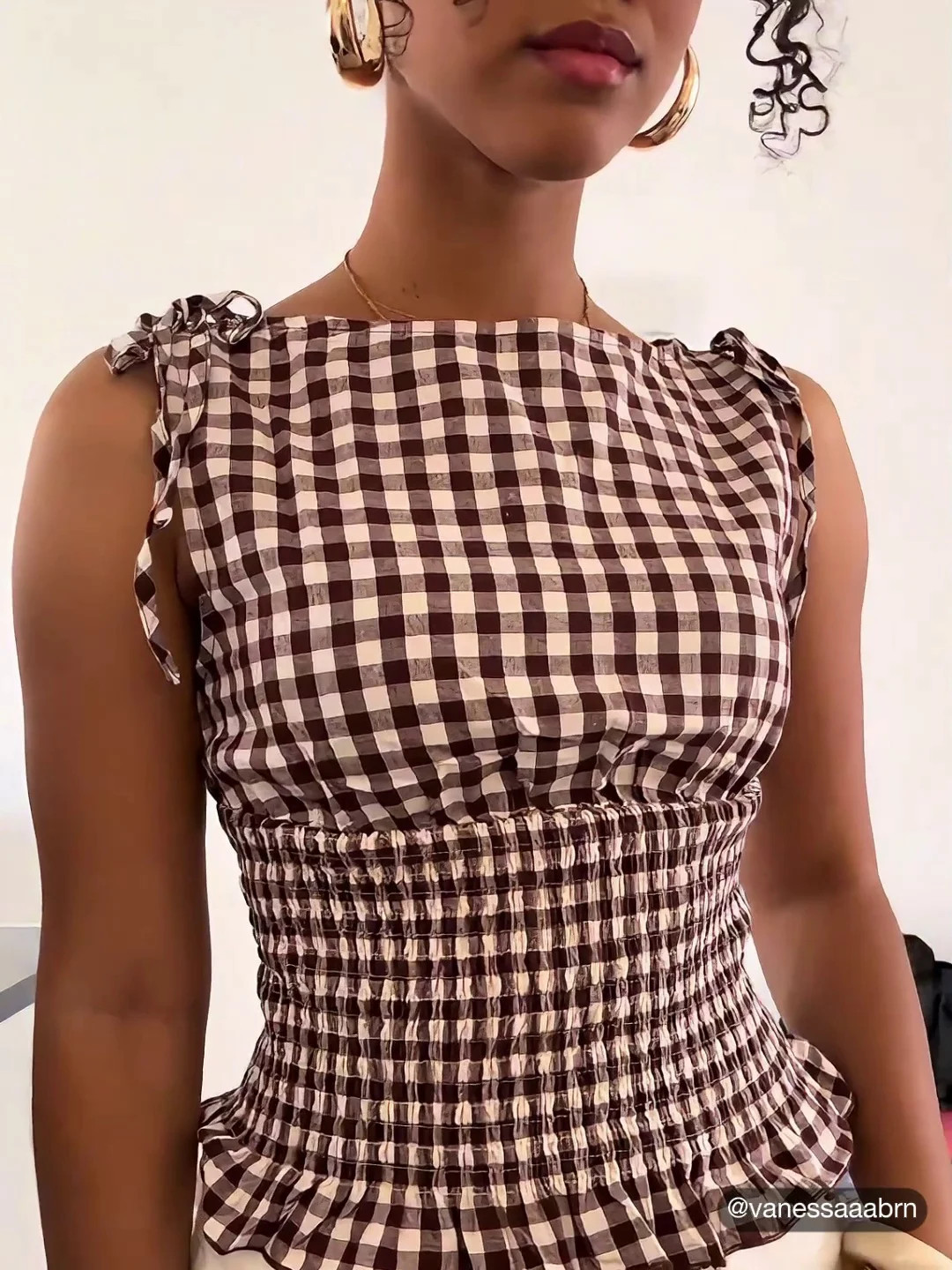 Cotton-blend Boat Neck Gingham Shirred Lettuce Trim Knotted Tank Top | Cider
