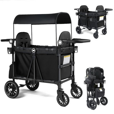 Kinder King All-Terrain Stroller Wagon for 2 Kids with Canopy, Shock-Absorbing Wheels, Storage Bag, Snack Tray & Adjustable Leather Handle, Black | Target