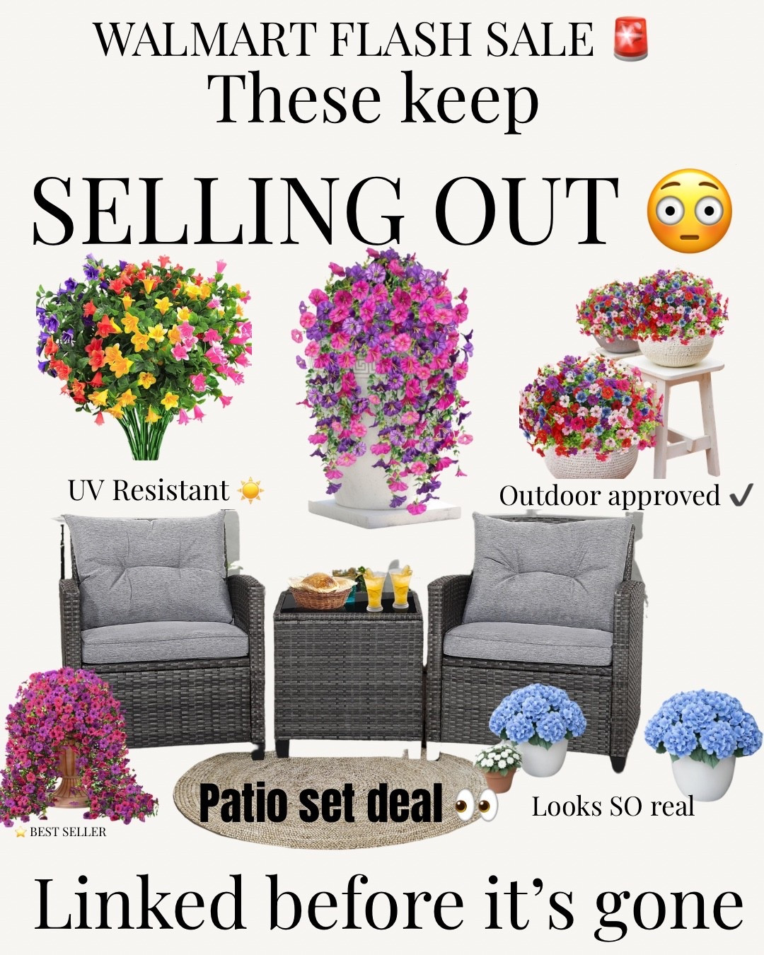 Walmart flash sale finds you don’t want to miss 🌸

These viral UV resistant flowers are back (and they keep selling out 😳)
They look so real and are perfect for porches, patios, and outdoor spaces ✨

Also linking this patio set because it’s SUCH a good deal right now 👀

Everything is linked here before it’s gone!

#ltkhome #ltkfinds #ltkseasonal #walmartfinds #walmarthome #springdecor #outdoorliving #patiodecor #budgetdecor #homestyle #walmartpartner 


#LTKSeasonal #LTKHome #LTKmomlife