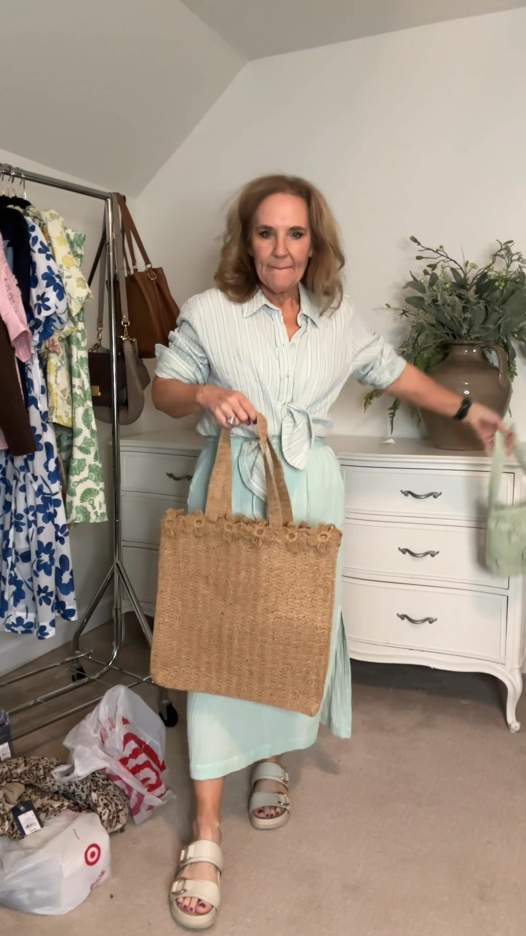 3 outfits from Target! 
Striped skirt and blue tee size small
Crochet sweater size large size up at least 1
Mint gauze skirt size med mint striped gauze top store has a large but a medium woukd have been best 
Leopard dress this is a small don’t size down I need a medium 

I have accessories too I forgot to put on!! I’ll link them. The bags are the cutest. 

Spring fashion summer skirts midi skirts leopard print dress 

#LTKWatchNow #LTKFindsUnder50 #LTKOver40