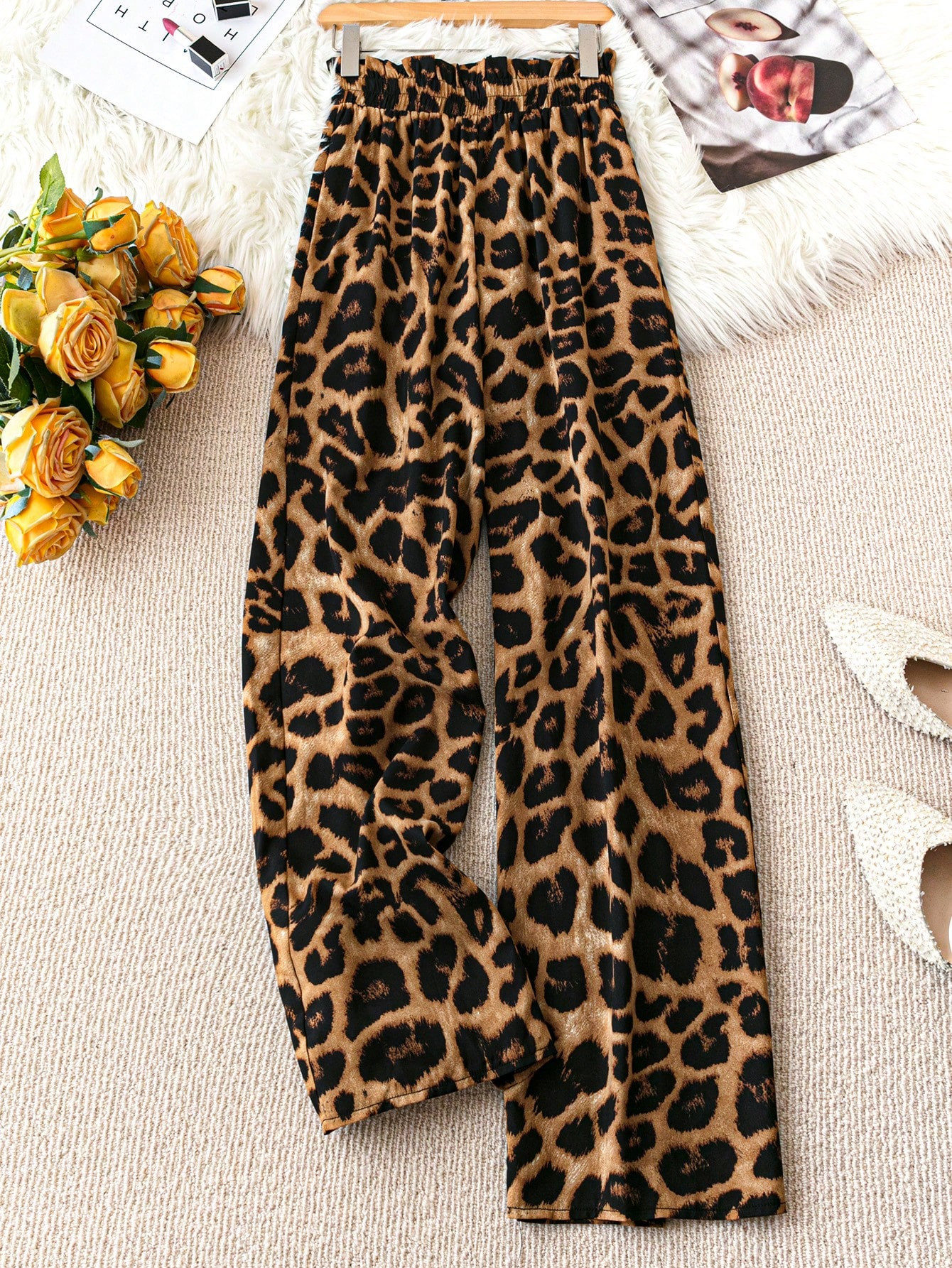 SHEIN Unity Leopard Print Paper Bag Waist Wide-Leg Casual Pants | SHEIN