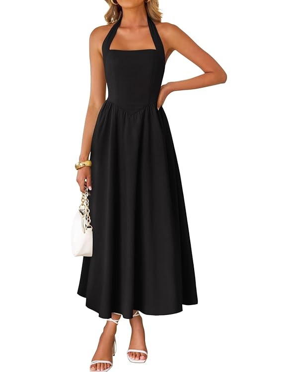 ZESICA Women's Summer Sleeveless Halter Midi Dress 2025 Off Shoulder High Waist Swing Flowy Beach... | Amazon (US)