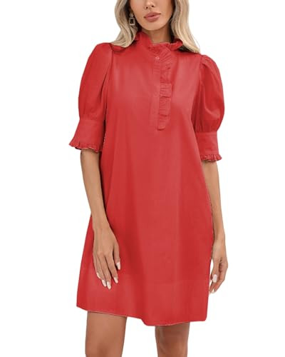 YEXPINE Women's Puff Short Sleeve Stand Ruffle Collar Summer Dress Casual A Line Shift Mini Dress with Pockets Red | Amazon (US)