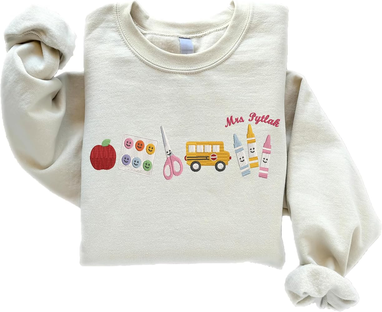 Embroidered 90s Vibe Teacher Sweatshirt- Embroidered Personalized Teacher Name Sweatshirt Shirts | Amazon (US)