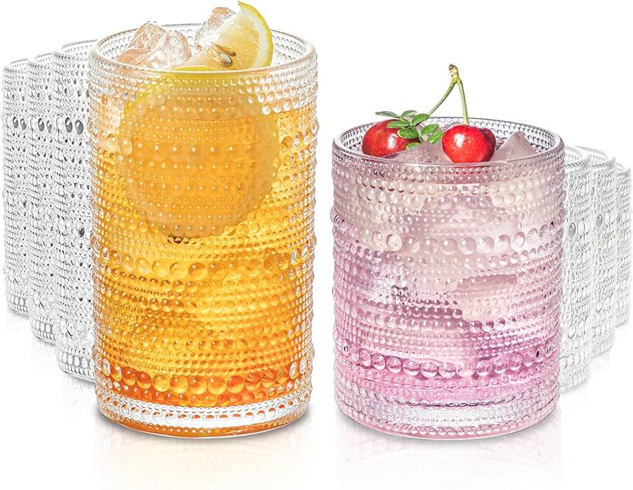 Elegant Set of 8 Vintage Hobnail Drinking Glasses: Embossed Design Glass Cups - 4 Highball Glasse... | Amazon (US)