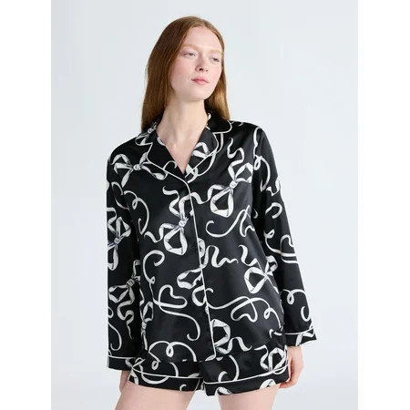 Joyspun Women’s Stretch Satin Notch Long Sleeve Top and Shorts Pajama Set, 2-Piece, Sizes XS-3X | Walmart (US)