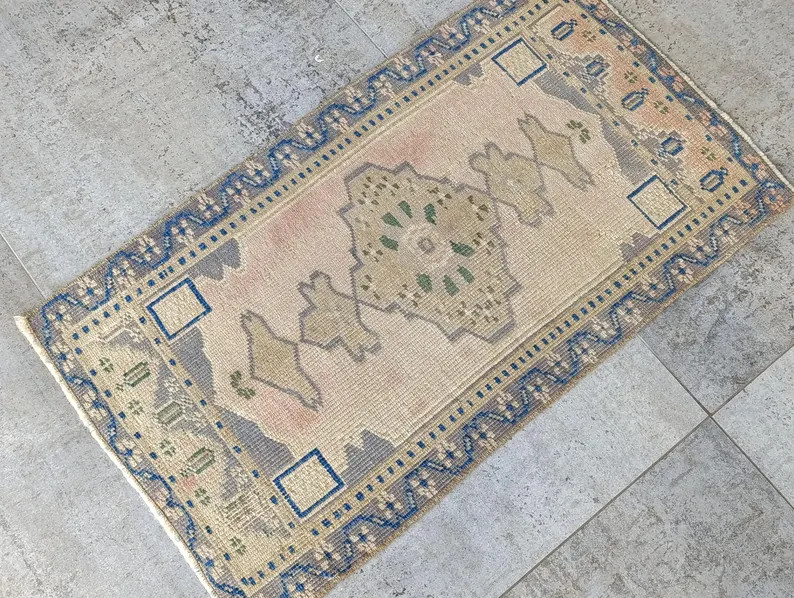 Vintage Turkish Small Rug 1.8x3.1 Ft, Mini Anatolian Tribal Rug, Neutral Beige Blue Geometric Rug... | Etsy (Global)