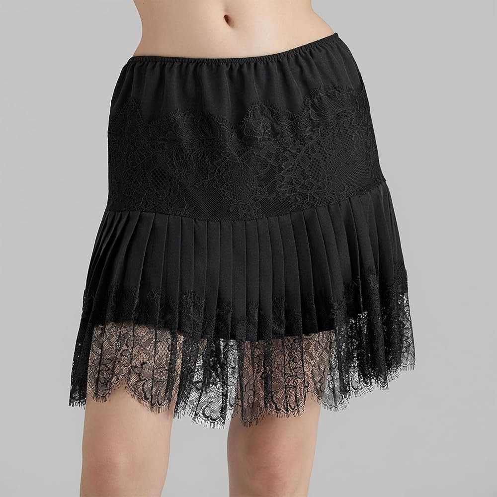 Women Y2k Lace Mini Skirt Low Rise Pleated Ruffle Half Slip Skirt Layered Flowy Short Skirt Stree... | Amazon (US)