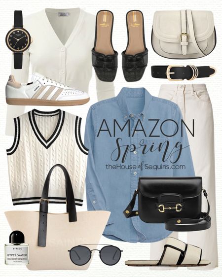 Shop these Amazon spring outfit finds! Chambray shirt, ecru jeans, knit vest, Sandals Edelman Irina slide sandals, cropped  cardigan Allsaints tote bag, Bottega mules, Adidas sambas, designer looks for less and more! 

Follow my shop @thehouseofsequins on the @shop.LTK app to shop this post and get my exclusive app-only content!

#liketkit 
@shop.ltk
https://liketk.it/4z5nU

#LTKshoecrush #LTKstyletip #LTKSeasonal