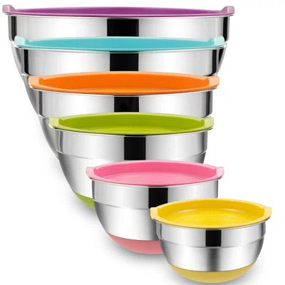 Mixing Bowls With Airtight Lids, 6 Piece Stainless Steel Metal Bowls, Measurement Marks & Colorful Non-Slip Bottoms Size 7, 3.5, 2.5, 2.0,1.5, 1QT, Gr | Wayfair North America