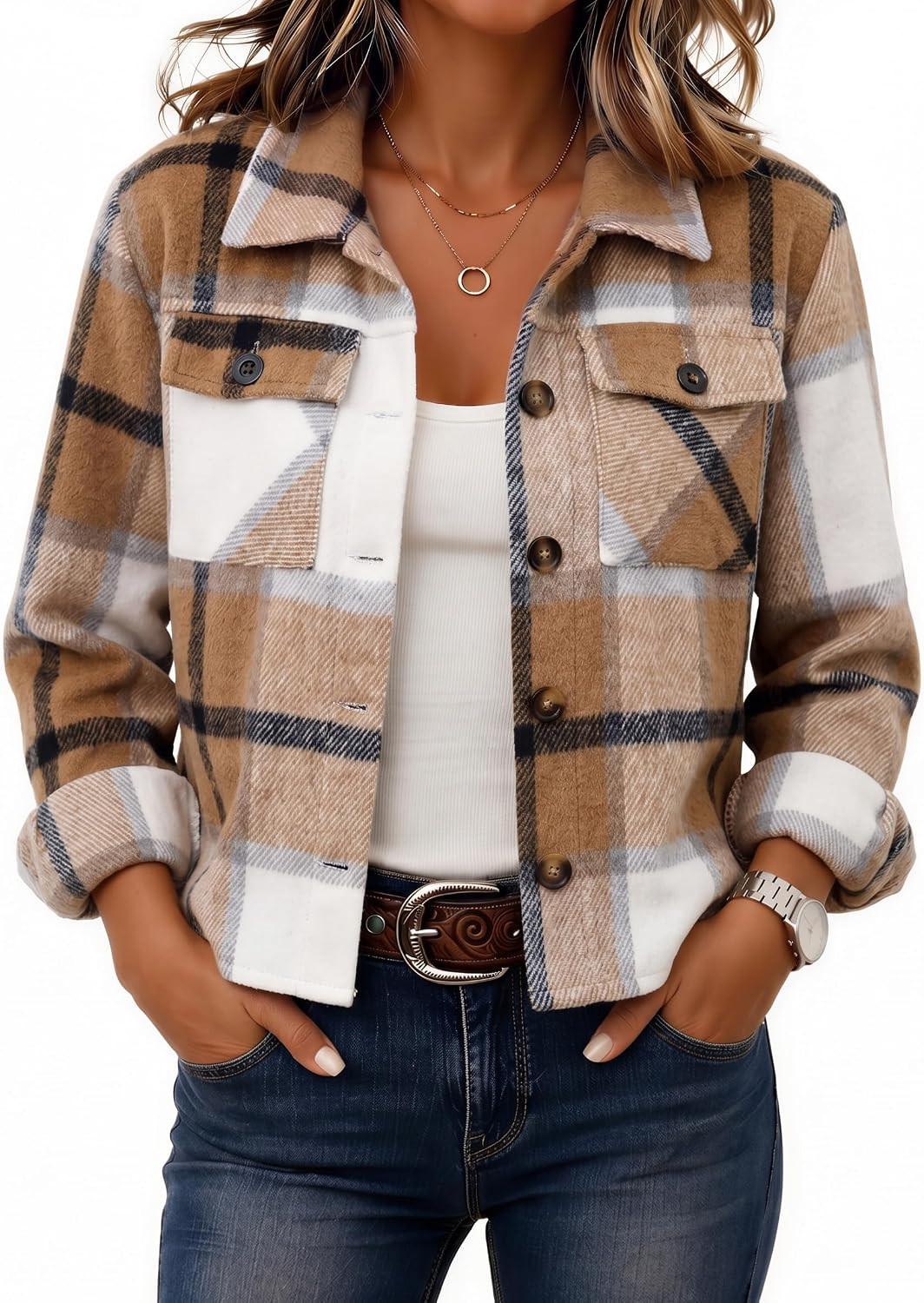 Zeagoo Flannels for Women Cropped Shacket Jacket Fashion Plaid Fall Coat | Amazon (US)